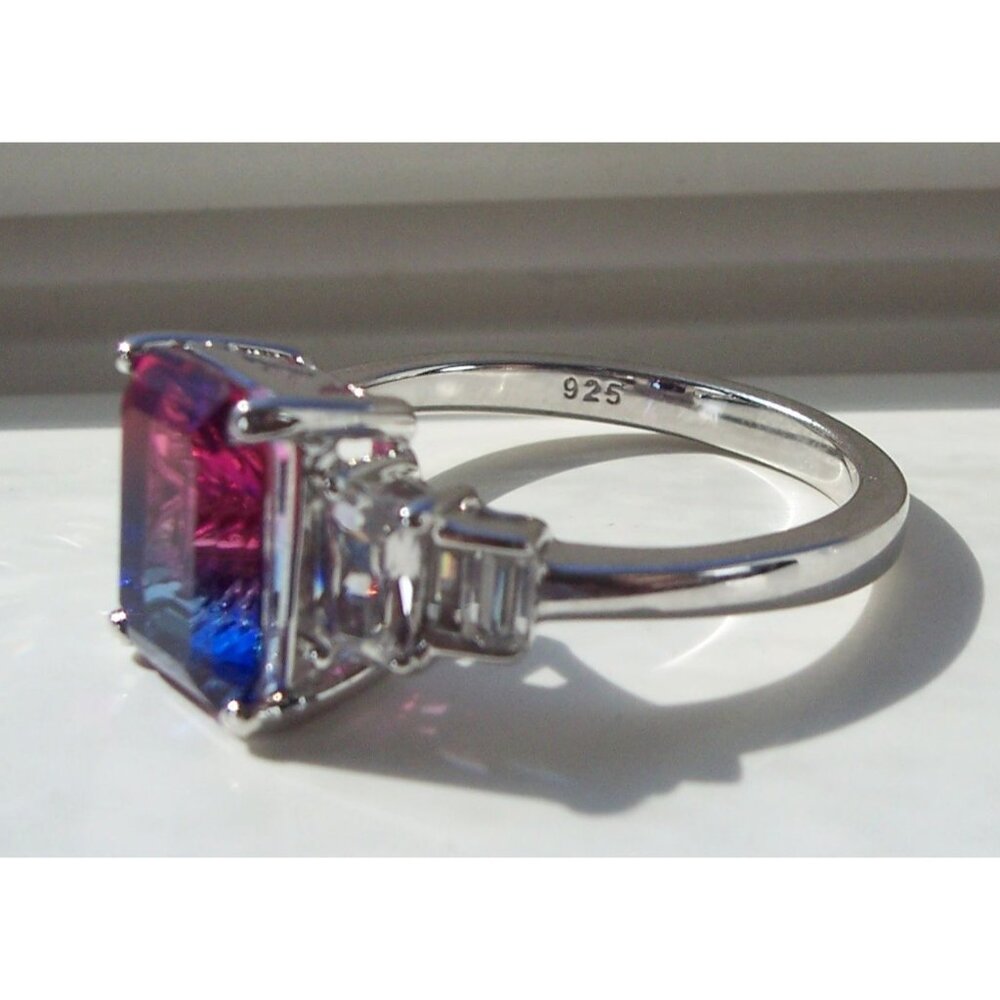 925 STERLING SILVER Bicolor Cubic Zirconia & Baguette Ring Blue & Pink - Picture 12 of 16